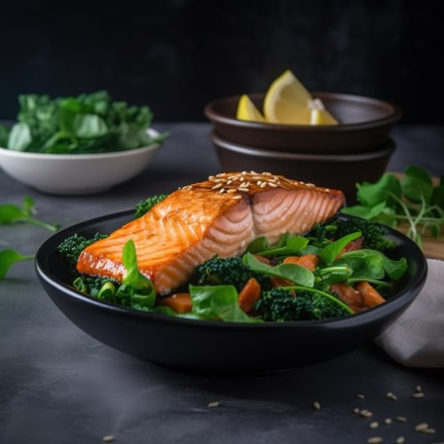 Salmon Over Mixed Greens.