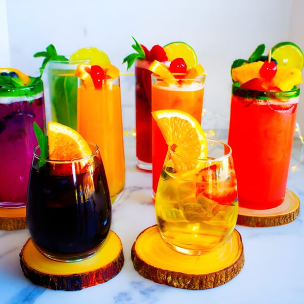 Colorful Latin-American cocktails, garnished with fruit and mint, on wooden coasters.