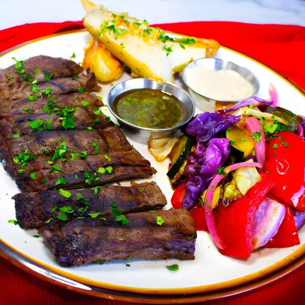 Grilled steak with chimichurri, roasted vegetables, and plantains on a white plate at 101 Kitchen.